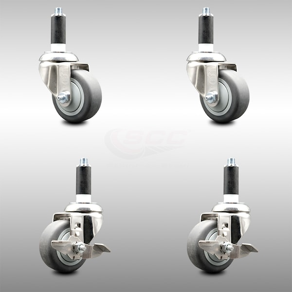 Service Caster 3 Inch 316SS Thermoplastic Rubber Swivel 1 Inch Stem Caster Brake SCC, 2PK SCC-SS316EX20S314-TPRB-2-TLB-2-1 - main